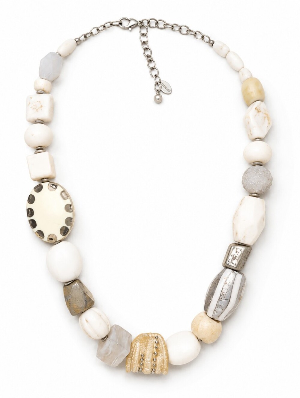 Chico's Neutral Mixed Bead Statement Necklace Cream Silver Adjustable